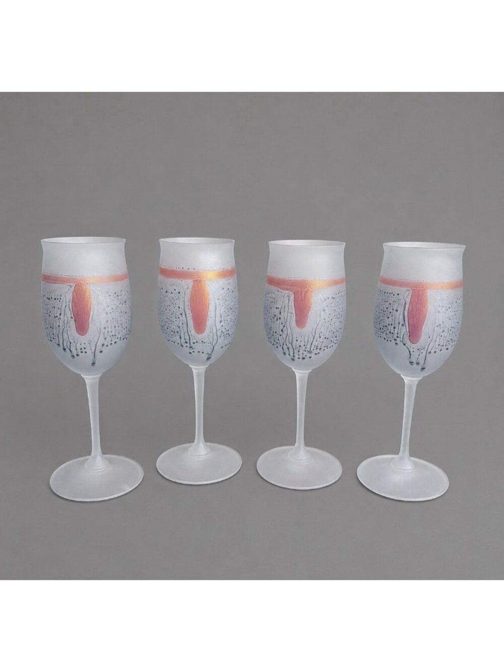 Vintage Set 4 Hand Painted Frosted Art Nouveau Satin Wine Glasses, Rueven Style